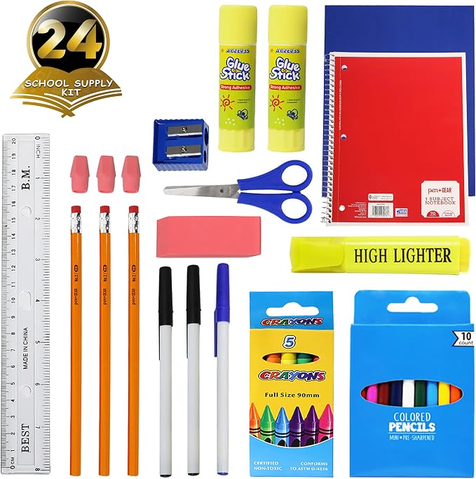Moda West 24 Pack Bulk School Supplies 34 Piece Kit - Pens, Pencils, Crayons, and More - Essential Box of School Supplies for Elementary, Middle, and High School Students