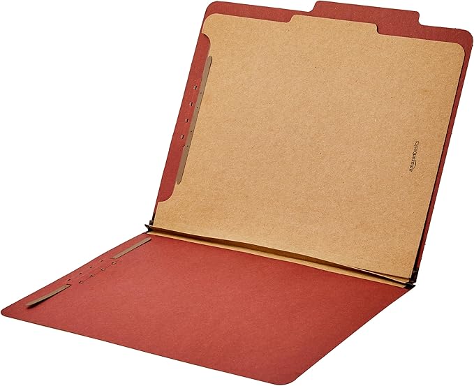Amazon Basics Classification File Folder, 1 Divider, 2" Embedded Fasteners, Letter Size, 100% Recycled Material, Red, 10 Count (Pack of 2)