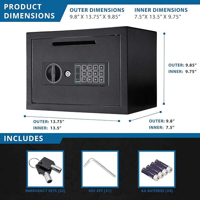 Barska Digital Depository Safe – 0.57 Cu. Ft Front-Load Drop Box for Cash, Money & Mail, Multi-User PIN Code Lock, Steel Construction, Anti-Pry Hinges, Backup Keys, Ideal for Business or Office | 2mm steel walls with digital keypad and anti-fishing slo...