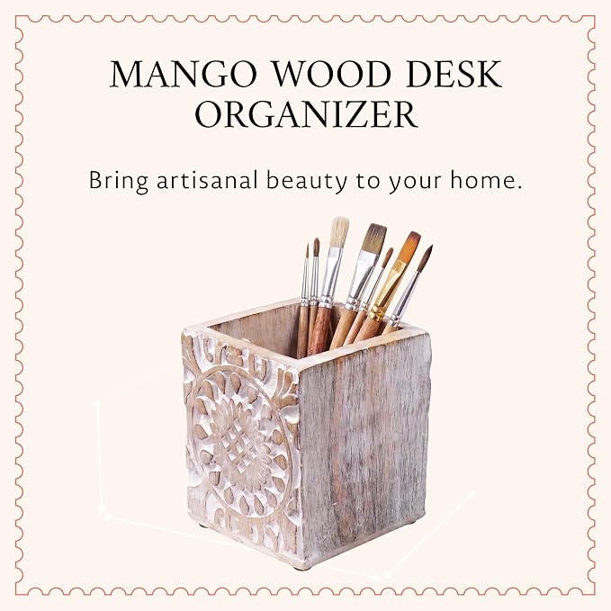 Ajenta Mango Wood Pen Holder - Whitewash | Hand-carved desk organizer pencil cup with felt base, handles pens, pencils, makeup brushes, art supplies and library decor.