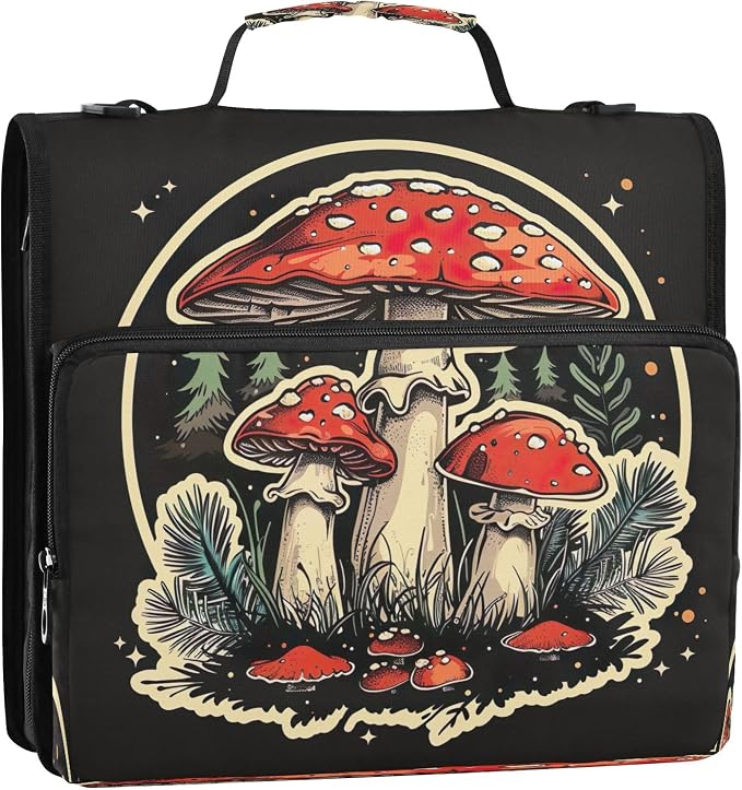3 Ring Zipper Binder Red Mushroom Binder Organizer Portfolio with File and Shoulder Strap & Handle Large Capacity File Folder