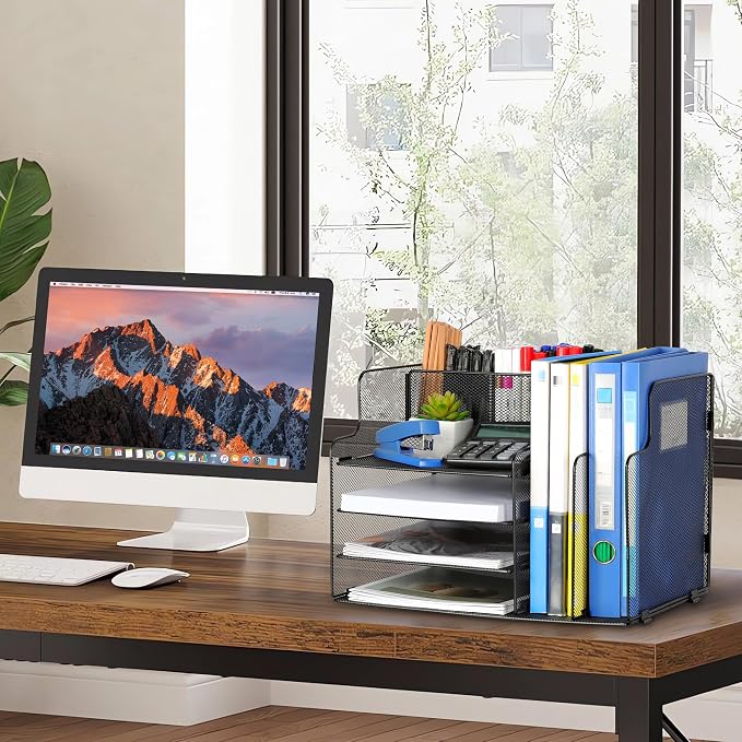 4-Tier Desk Organizer and Accessories with 2 File Holder Storage, Metal File Organizer for Desk with 2 Pen Holder, Office Organization for Paper, Document, Stationery Storage, Black