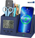 TopMade Wireless Charger with Pen Holder, PU Leather Desk Nightstand Organizer Fast Charging Station, Home Office Supplies Pencil Holder, Digital Thermometer and Humidity Gauge, Gifts for Men(Blue)