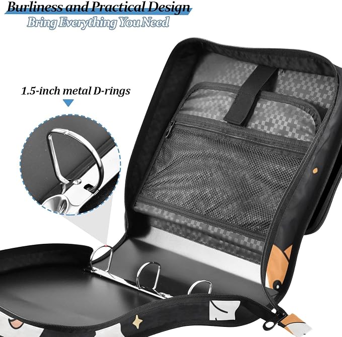 3 Ring Zipper Binder with Shoulder Strap Corgis Dog Star Black 1.5 inch Binders Keeper Large Capacity Multi Pockets for School Office Supplies