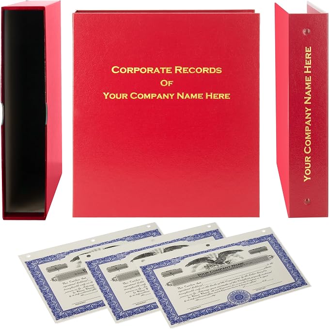 Corporate Kit (Red) - Binder, Slipcase, Minutes & Bylaws, Stock Certificates with Stubs & Customizable Index Tabs
