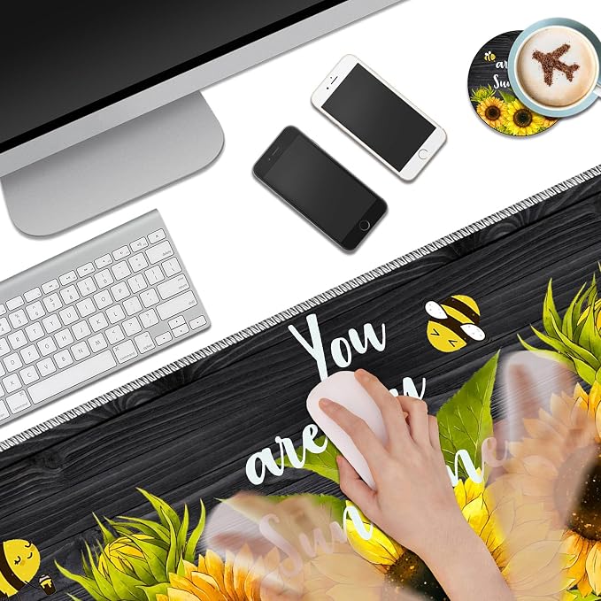 Desk Large Protective Mat, Smooth Surface Mousepad, Waterproof Non-Slip Desk Mat, 31.5x11.8 in Sewn Edge Office/Home Desk Mat, Sunflower