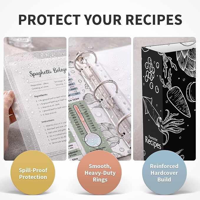 CraftSaints Recipe Binder 8.5x11, 3 Ring DIY Cookbook Binder Kit 12 Dividers & 25 Plastic Sleeves & 25 Recipe Pages & 36 Labels, Recipe Organizer Binder Kit, Recipe Book (Black)