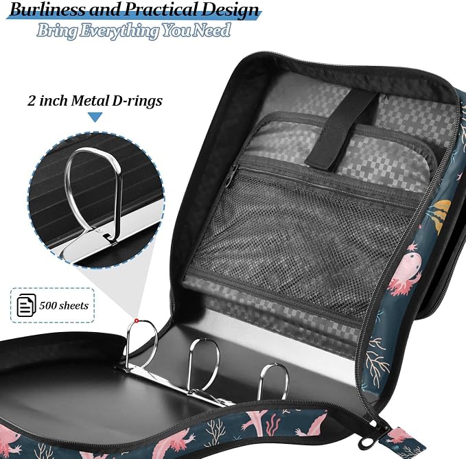 Axolotls Print Zipper Binder Bag 3 Ring with Shoulder Strap & Handle Multi Pocket Binder Organizer Bag Large Capacity for School Office Supplies
