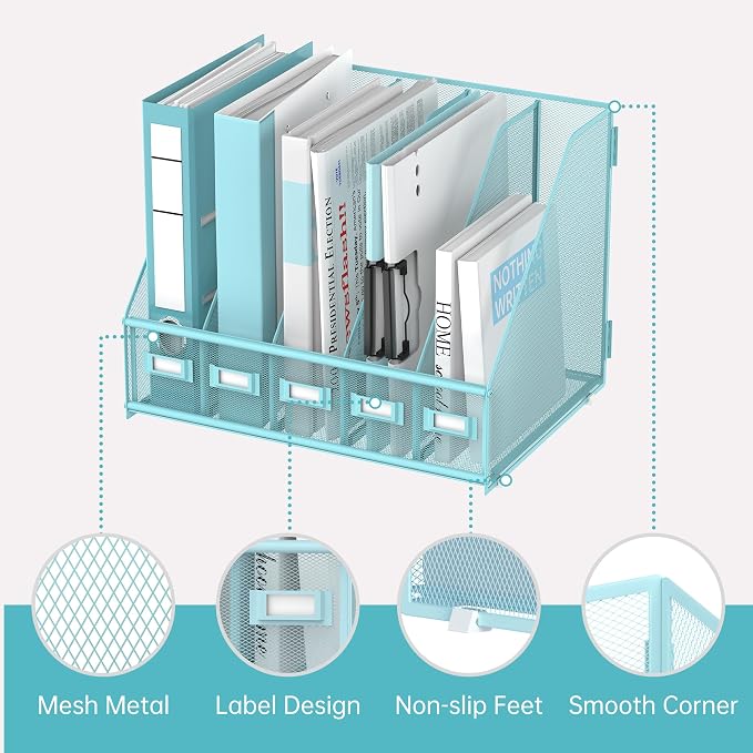 Desk Organizers Metal Desk Magazine File Holder with 5 Vertical Compartments Rack File Organizer for Office Desktop, Classroom, Home Workspace, Blue Plus