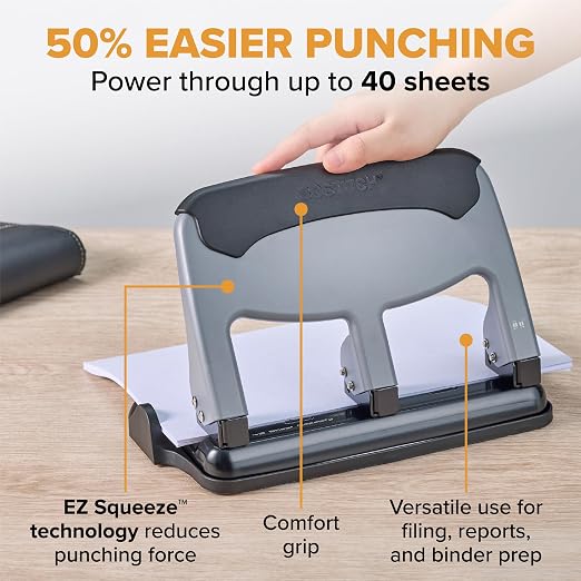 Bostitch EZ Squeeze 3 Hole Paper Punch, 40 Sheet Capacity, Heavy Duty Metal Office Hole Puncher with Chip Tray, Non-Slip Base & Paper Guide, 9/32" Holes for Binders, School & Home Office