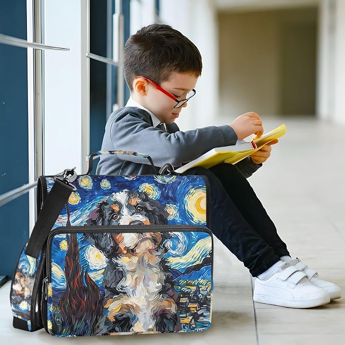 3 Ring Zipper Binder with Shoulder Strap Bernedoodle Dog Starry Night 1.5 inch Binders Keeper Large Capacity Multi Pockets for School Office Supplies