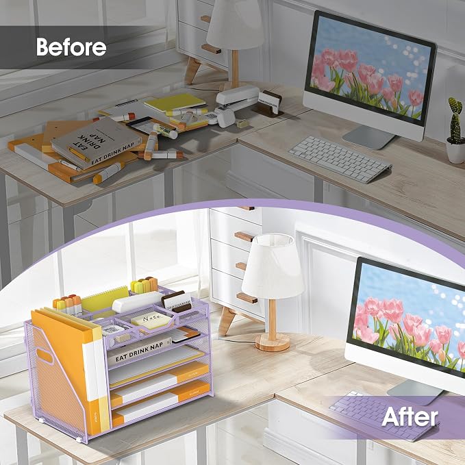 5 Tier Paper Letter Tray Desk Organizer with Pen Holders - Purple | Features 3 pen holders and 4 removable dividers.Versatile mesh desktop storage for mail, document,office supplie