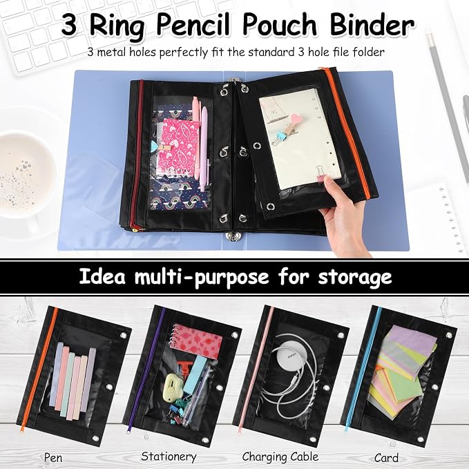 Leinuosen 64 Pack Black Pencil Pouch Bulk for 3 Ring Binder, Pencil Case with Colored Zipper and Clear Window Storage Bag for Office, Back to School Classroom Supplies