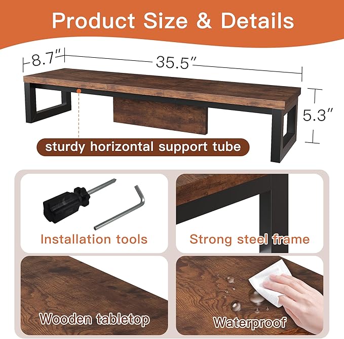 HEWORLIF Dual Monitor Stand Riser, Wood and Steel Monitor Riser, Long Computer Monitor Stands for 2 Monitors, Desk Shelf for Computer, Laptop, Printer, TV, Brown