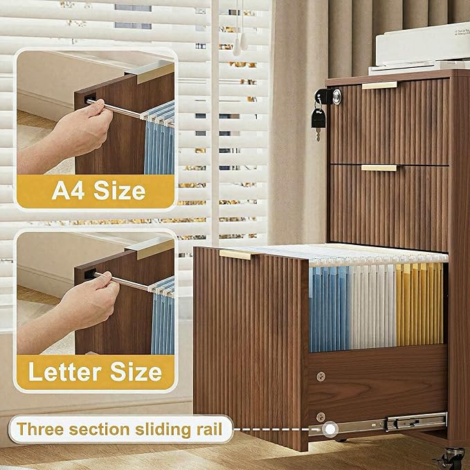 3 Drawers Fluted Mobile File Cabinet with Lock, Rolling File Cabinet Printer Stand Table, Under Desk Wooden Filing Cabinets for Home Office Essentials Storage Organization Furniture Letters/A4(Walnut)