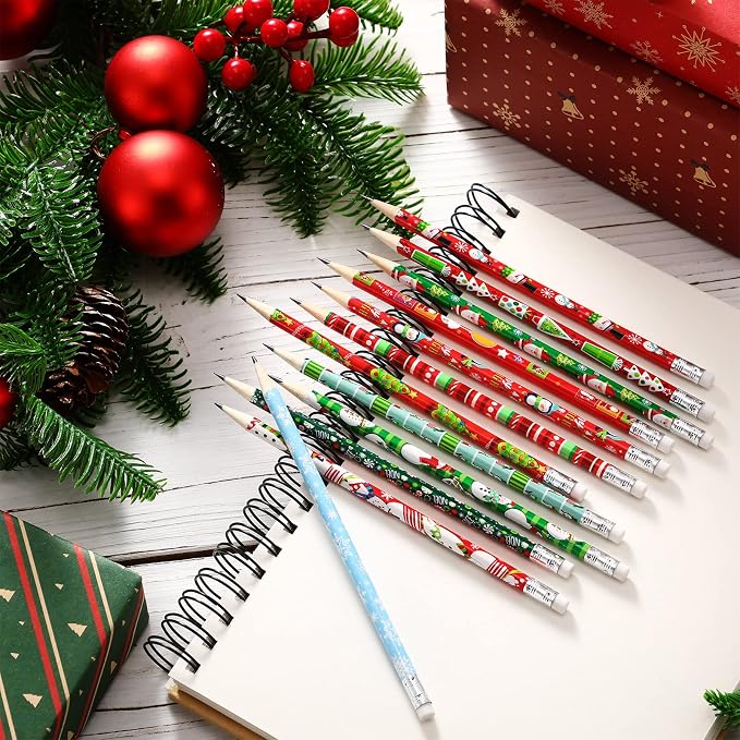Yexiya 48 Pcs Christmas Pencils Wood with Erasers 12 Designs Bulk
