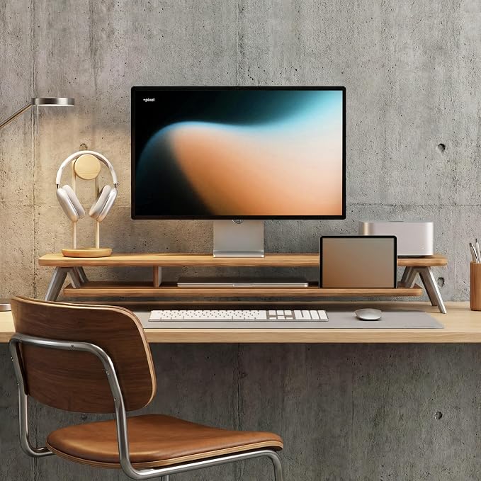 Fenge Dual Monitor Stand Riser, Wooden Desk Shelf with 2-Tier Storage | 42.5-Inch Wide, Sturdy Aluminum Legs, Built-In Phone & Tablet Slot, Desktop Organizer for Office Accessories