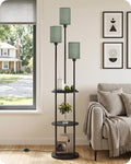 Floor Lamp with Shelves, Modern Floor Lamp with 3 Linen Shades and Foot Switch, 3-Light Standing Lamp, for Living Room, Bedroom, Study, Office, Black and Green J53LD05