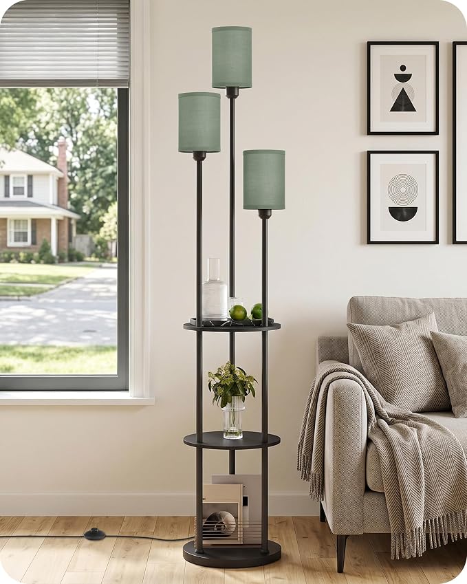 Floor Lamp with Shelves, Modern Floor Lamp with 3 Linen Shades and Foot Switch, 3-Light Standing Lamp, for Living Room, Bedroom, Study, Office, Black and Green J53LD05