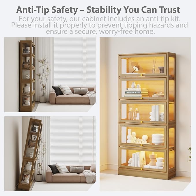 Display Cabinet with Acrylic Glass Doors,5-Tiers Curio Cabinet with LED Lighting for Collectibles, Collectibles Toy Organizers Rack & Display Shelf Display Case Storage Cabinet, Nature