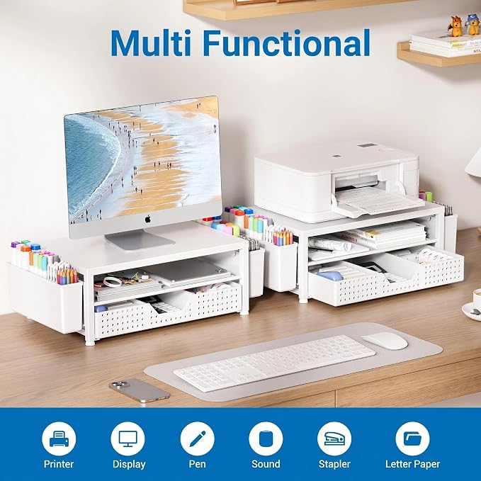 Desk Organizers and Accessories, Computer Monitor Stand Riser with Drawer and 2 Pen Holders, Printer & Laptop Stand, Office Desk Accessories & Workspace Organizers for Home Office Supplies, White