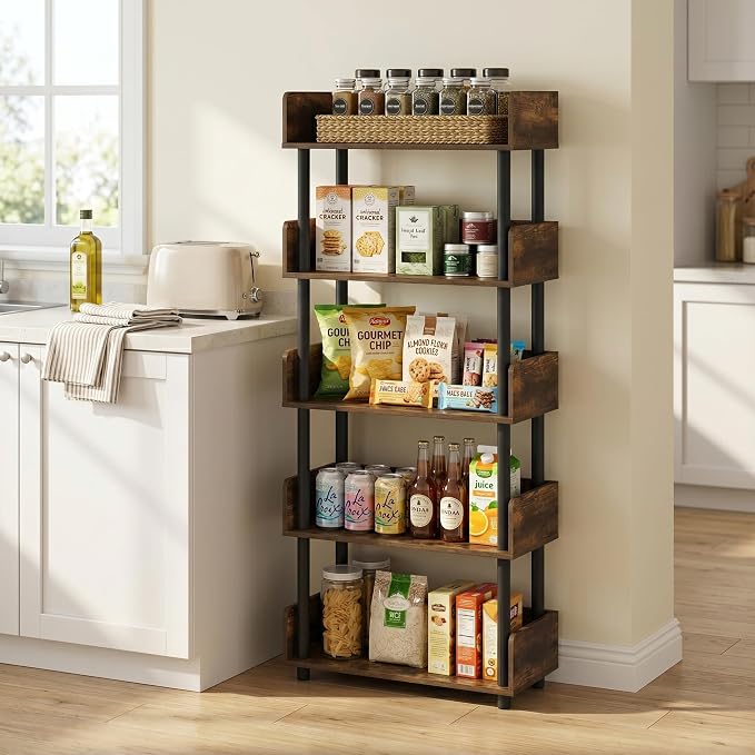 Furinno TURN-N-TUBE 5-Tier Display Shelf, Storage Shelves, Book Shelf, Open Shelves with Rounded Corner Top Edges, for Organization and Storage, Living Room, Home Office, Amber Pine