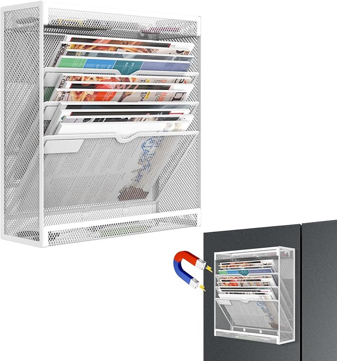 5 Tier Magnetic File Holder, No Drilling Wall File Organizer, Magazine Paper Mail Document Holder/Magnetic Hanging File Organizer for File Cabinets,Whiteboard refrigerator,Office,Classroom (White)