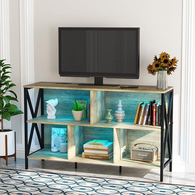47" 5 Cube LED Bookshelf, Industrial Wood Metal Low Wide Bookcase, Oak | Multicolored LED lights, 320lbs heavy duty, 30-min assembly, open cubby storage, for living room game room