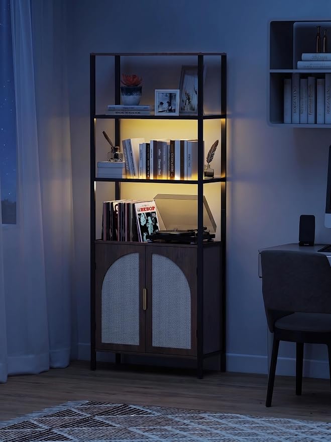 71" Tall Rattan Bookcase with LED Light, 3 Open Shelves & 2 Door Storage Cabinet, Mid Century Boho Bookshelf, Open Display Bookcase for Living Room, Home Office, Bedroom