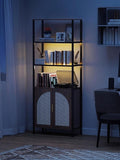 71" Tall Rattan Bookcase with LED Light, 3 Open Shelves & 2 Door Storage Cabinet, Mid Century Boho Bookshelf, Open Display Bookcase for Living Room, Home Office, Bedroom
