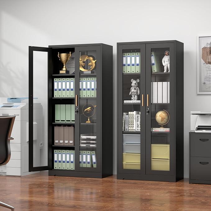 Polup 71" Black Metal Glass Display Cabinet with Security Lock | 5-Tier Curio Case & Tempered Doors, 4 Adjustable Shelves, Heavy-Duty China Storage for Living Room, School & Commercial