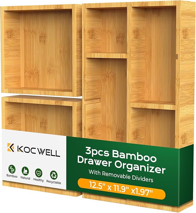 KOCWELL Bamboo Desk Drawer Organizer with Removable Dividers,Multi-Use Office Drawer Organizer Tray,Junk Drawer Organizers for Office,School,Kitchen,Makeup Supply（Original）