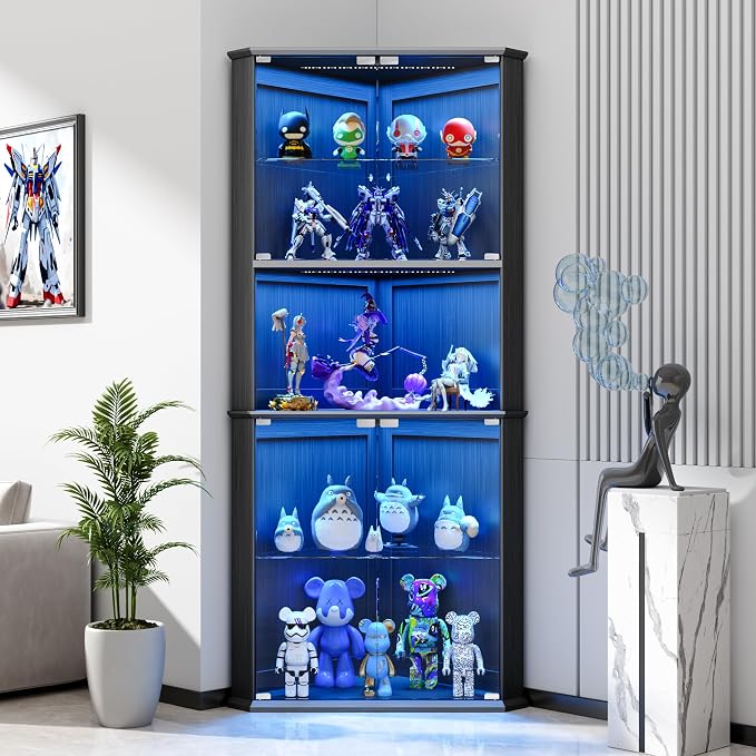 kepptory 72" Corner Curio Cabinet with RGB LED Lights, 6-Tier Glass Display Cabinet with Adjustable Shelves, Lighted Corner Showcase for Collectibles, China, Glassware, Living Room Home Bar