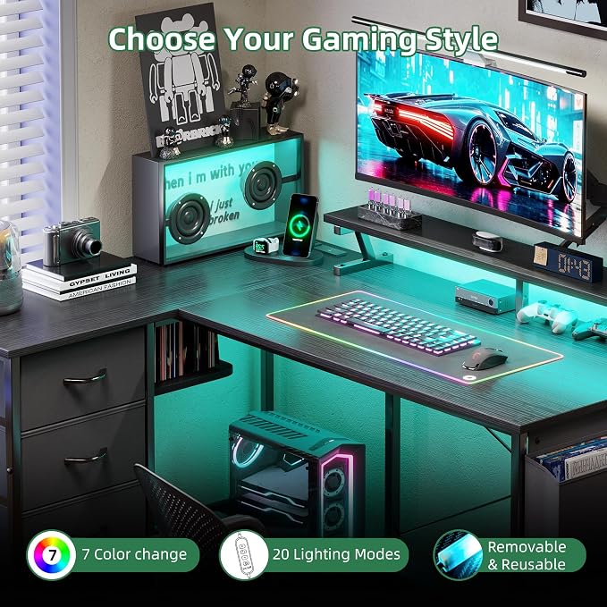 VERMESS 47" Reversible L Shaped Gaming Computer Desk, Corner Desk with Power Outlets & Monitor Stand, Writing Study Table with 4 Storage Drawers, Desk with LED Lights, Black