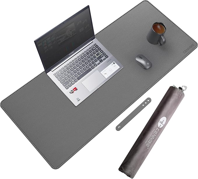 CENNBIE 35.5" x 16" Leather Desk Mat, Computer Mouse Pad for Office(Grey) | Premium Stitched Edges Resist Wear. Waterproof, Non-Slip & Easy To Clean. Protects Desk From Scratches. For Office & Home.