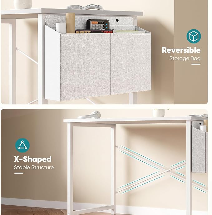 OLIXIS Small Computer Desk, 31 Inch Gaming Desks for Home Office | Writing Study Craft Work Table, Computer Workstation for Bedroom Small Spaces with Storage Bag, All White