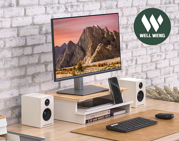16.5” Bamboo Monitor Stand with Phone & Tablet Holder Desk Shelf | Monitor Riser for 36-48 Inch Desk Cozy Computer Setup Workplace Organizer Keyboard Storage Ergonomic White & Natural Bamboo