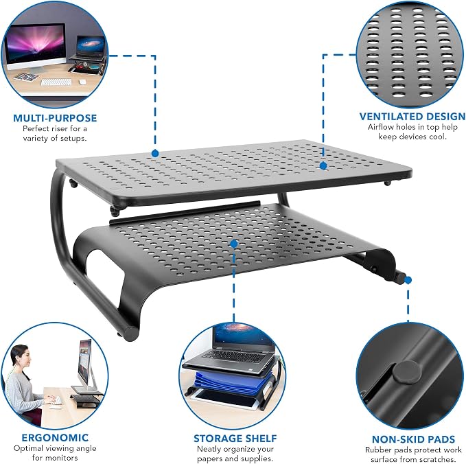 Mount-It! 2 Tier Desk Organizer Riser | Computer Monitor Stand with Keyboard Storage Shelf for Desktops, Laptops, Printers, Home Office Space Saver (2 Shelves)