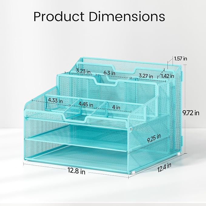 Lavatino Desk Paper File Organizer - Metal Mesh with 2 Letter Trays, 7 Flexible Dividers, 2 Vertical File Folder Holders for Office/Home/Classroom Supplies, Desk Organizers and Accessories, Blue