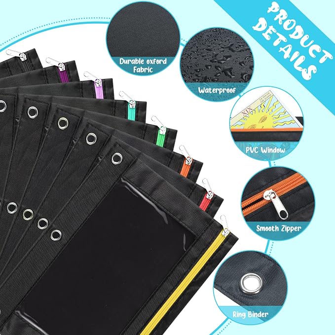 Leinuosen 64 Pack Black Pencil Pouch Bulk for 3 Ring Binder, Pencil Cases with Colored Zipper and Clear Window Storage Bag for Office, Back to School Classroom Supplies