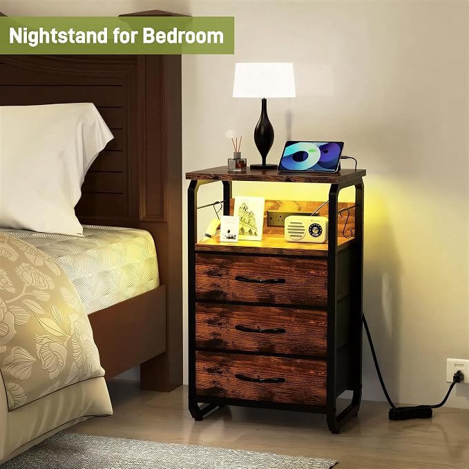 runjuly End Table with LED Light, Charging Station, and Hooks, Rustic Brown | 3 Fabric Drawers Storage, Type C & USB Ports & Power Outlets, Industrial Wood, Small Nightstand for Living Room / Bedroom