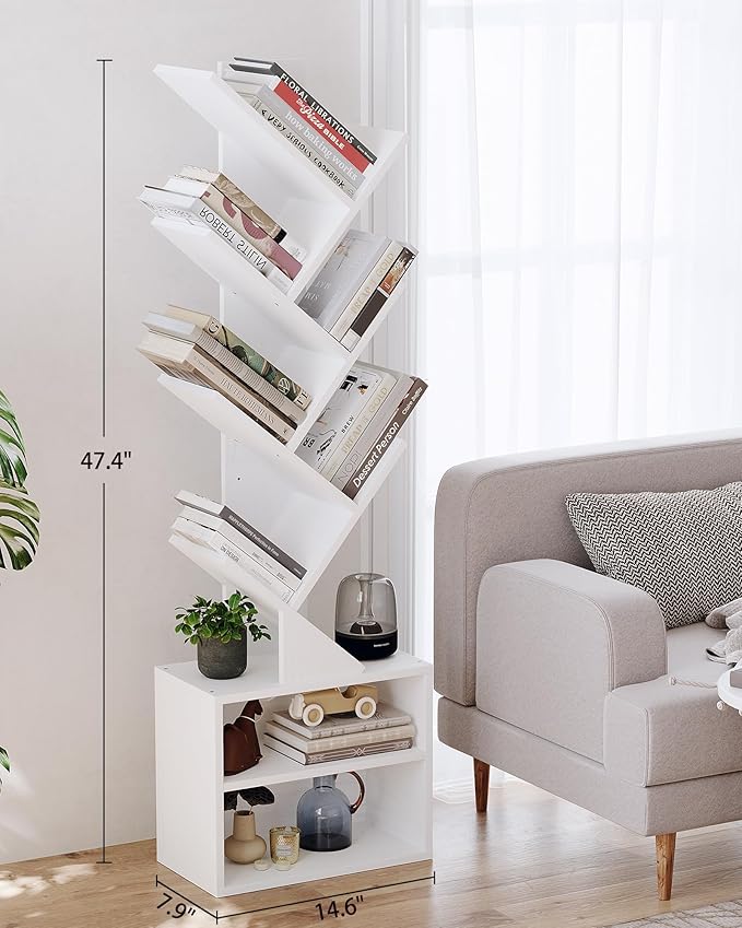 SUNMORY 6 Tier Tree Bookshelf, Tall Small Bookcase with Storage Cabinet | Modern Narrow Bookshelves Organizer, Floor Standing Book Case Shelf for Bedroom Living Room Home Office Corner, White