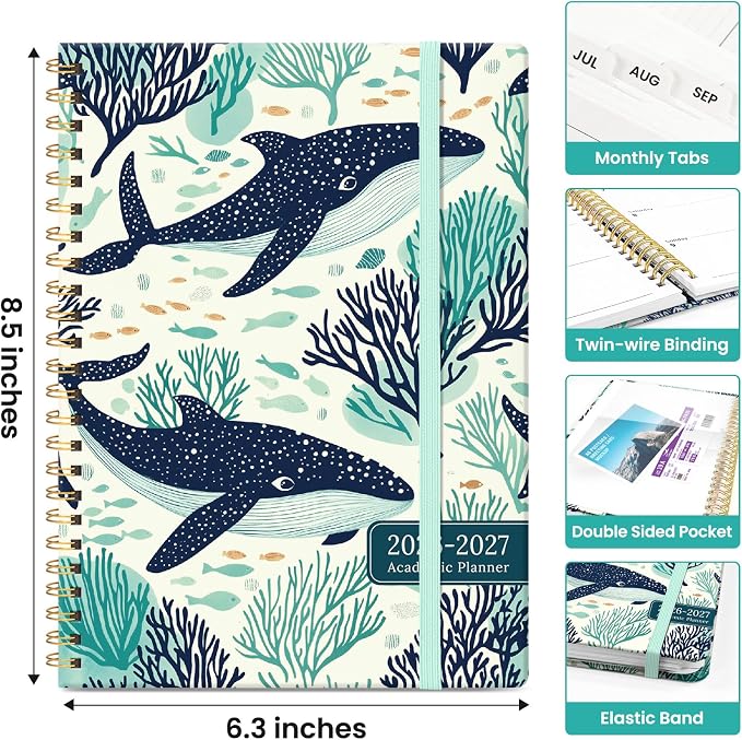 Taja Planner 2026-2027, Jul 2026-Jun 2027 Monthly & Weekly Calendar Planner | 6.3" x 8.5", Hardcover Academic Calendar, Teacher Student Agenda Book with Tabs, School Office Supplies, Drifting Whales