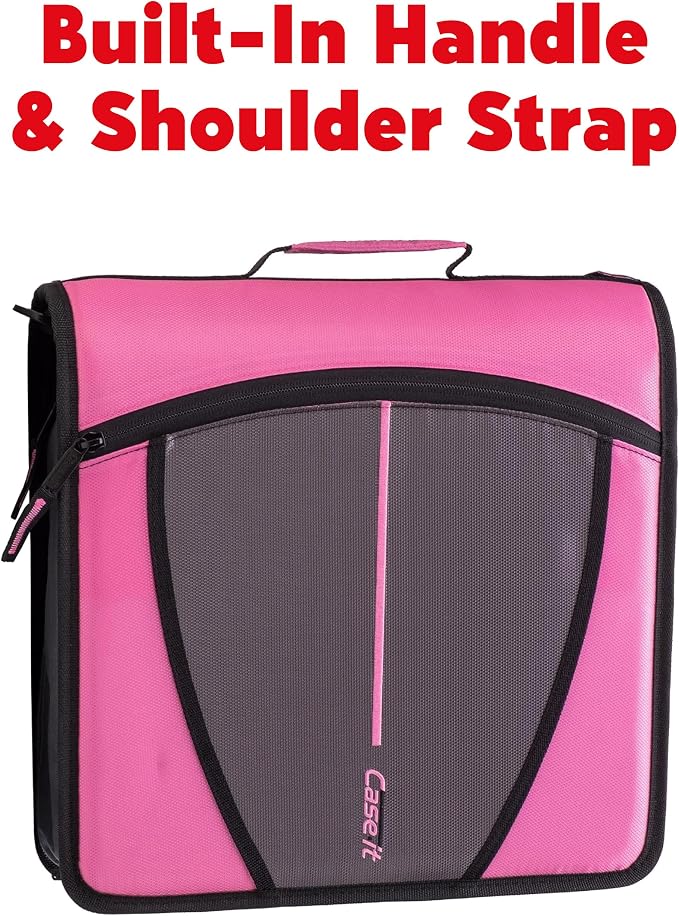 Case-it Mighty Zip Tab Zipper Binder, 3" O-Ring with 5-Color tabbes, Expanding File Folder and Shoulder Strap and Handle, D-146-Light Pink (Pack of 6)
