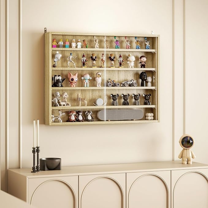 HOMCOM 5-Tier Wall Mounted Display Cabinet Glass Doors 60x80cm Oak | Display Case, 4 Adjustable Shelves, for Home Office Ornaments