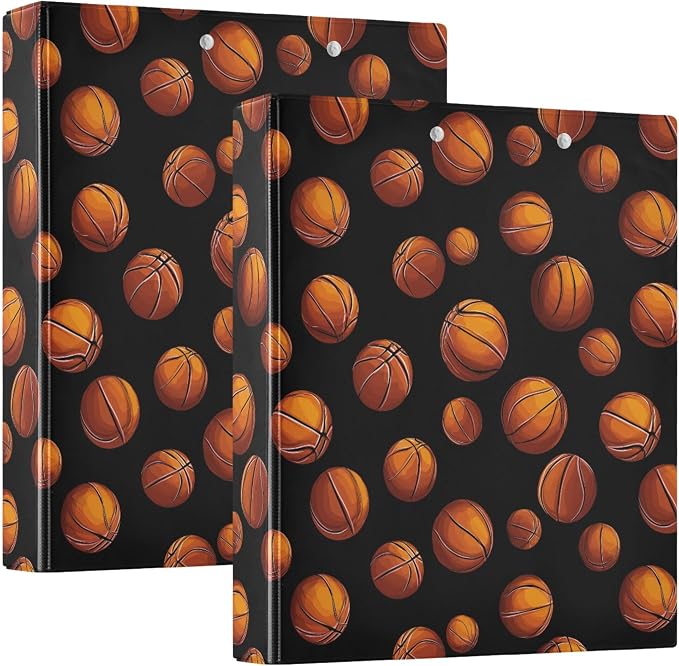 Basketball Pattern Orange Black Round Ring Binders 1.5 Inch Sports Ball Exercise 3 Ring Clipboard Binder for Office School Work Supplies File Folder Document 200 Sheet Capacity Easy Open