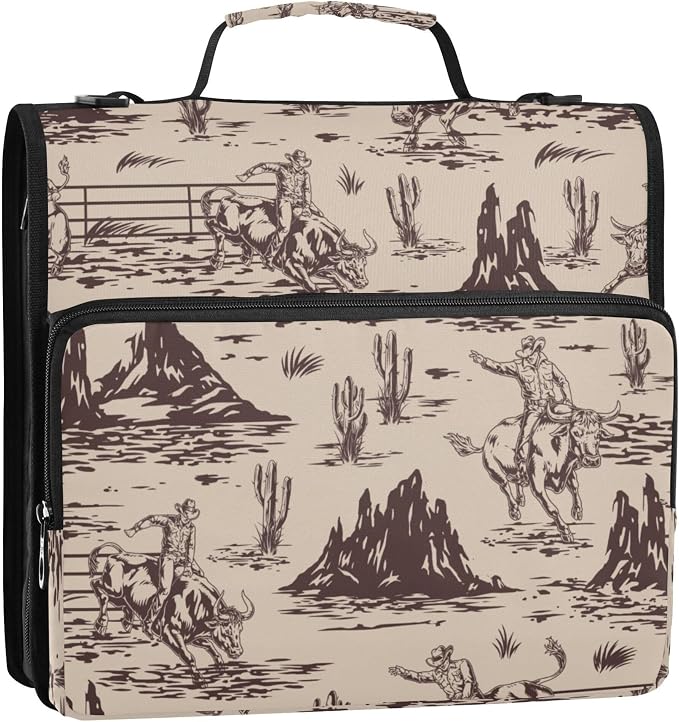 Fisyme Western American Cowboy Zipper Binder 3 Ring with Zipper and Shoulder Strap Large Capacity Multi-Pocket Zipper Binder Organizer