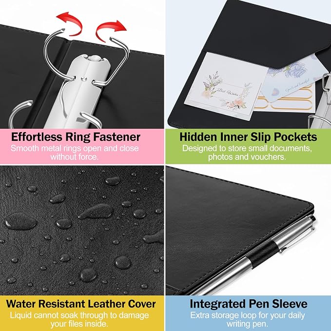 Meetory 2 Pack Binder 5.5" x 8.5", 1 Inch Rings, Leather Vintage Hardcover | holds 500 sheets,180° flat-lay,portable for easy document arrangement, Black & White Mini 3-Ring Binders with index dividers