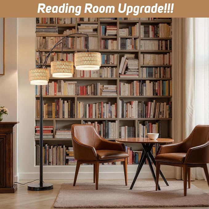 80'' Rattan Arc Floor Lamp for Living Room, 3-Light Boho Tree Tall Lamp | Heavy Natural Marble Base, 1/2/3-Light Rotary Switch,Double-layer Wicker/Fabric Shades for Reading Corners,8 ft+ Ceilings