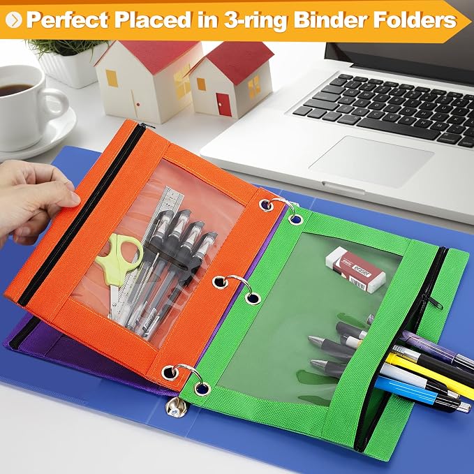 Pencil Pouch for 3 Ring Binder, 48 Pack Bulk Zipper Pencil Cases with Clear Window, Assorted Color Cloth Binder Pouches with 3 Holes, Durable Pencil Bags for Classroom School Office Supplies